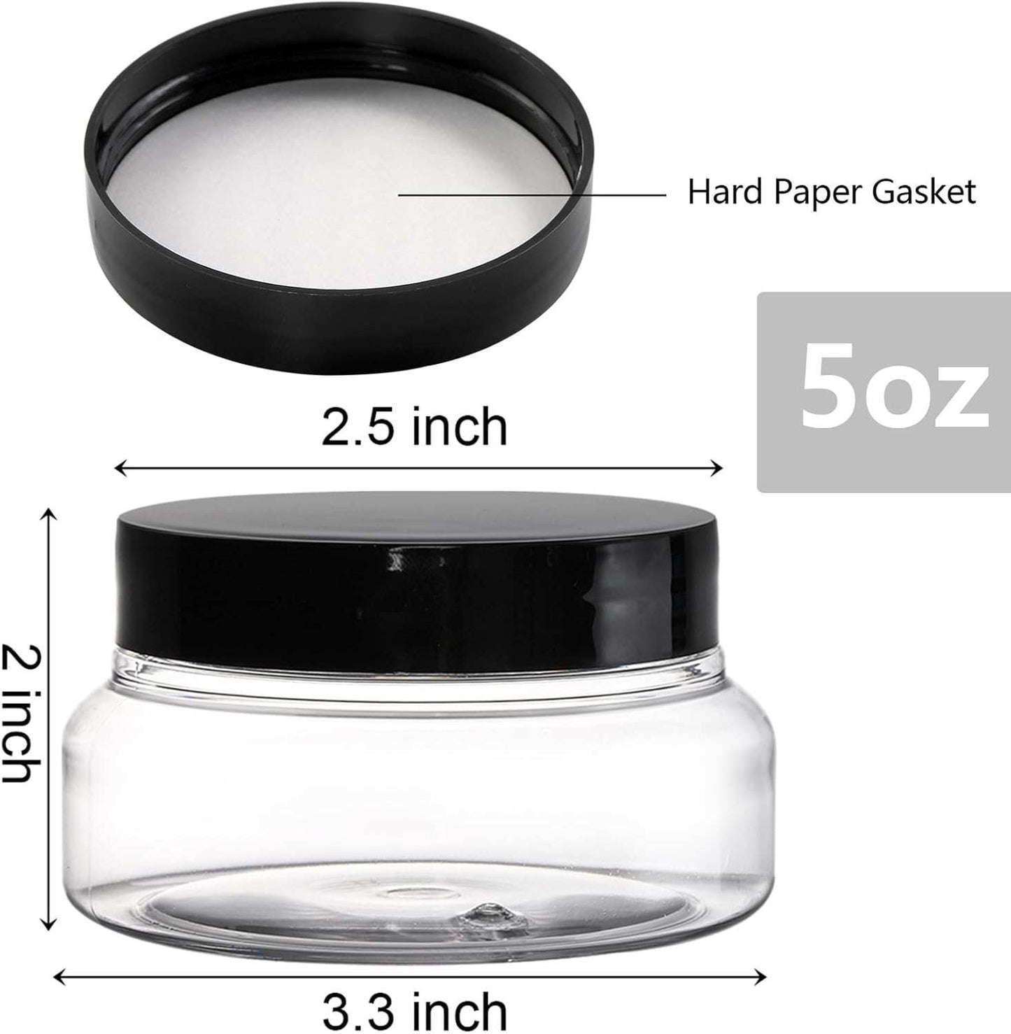A clear plastic jar with a black screw-on lid, ideal for storing Beard Nectar - Conditioning Cream by Diaz Beez, is displayed. The lid includes a hard paper gasket inside. The text highlights that the jar has a capacity of 5 ounces and dimensions of 2 inches in height and 3.3 inches in diameter, while the lid is 2.5 inches wide.