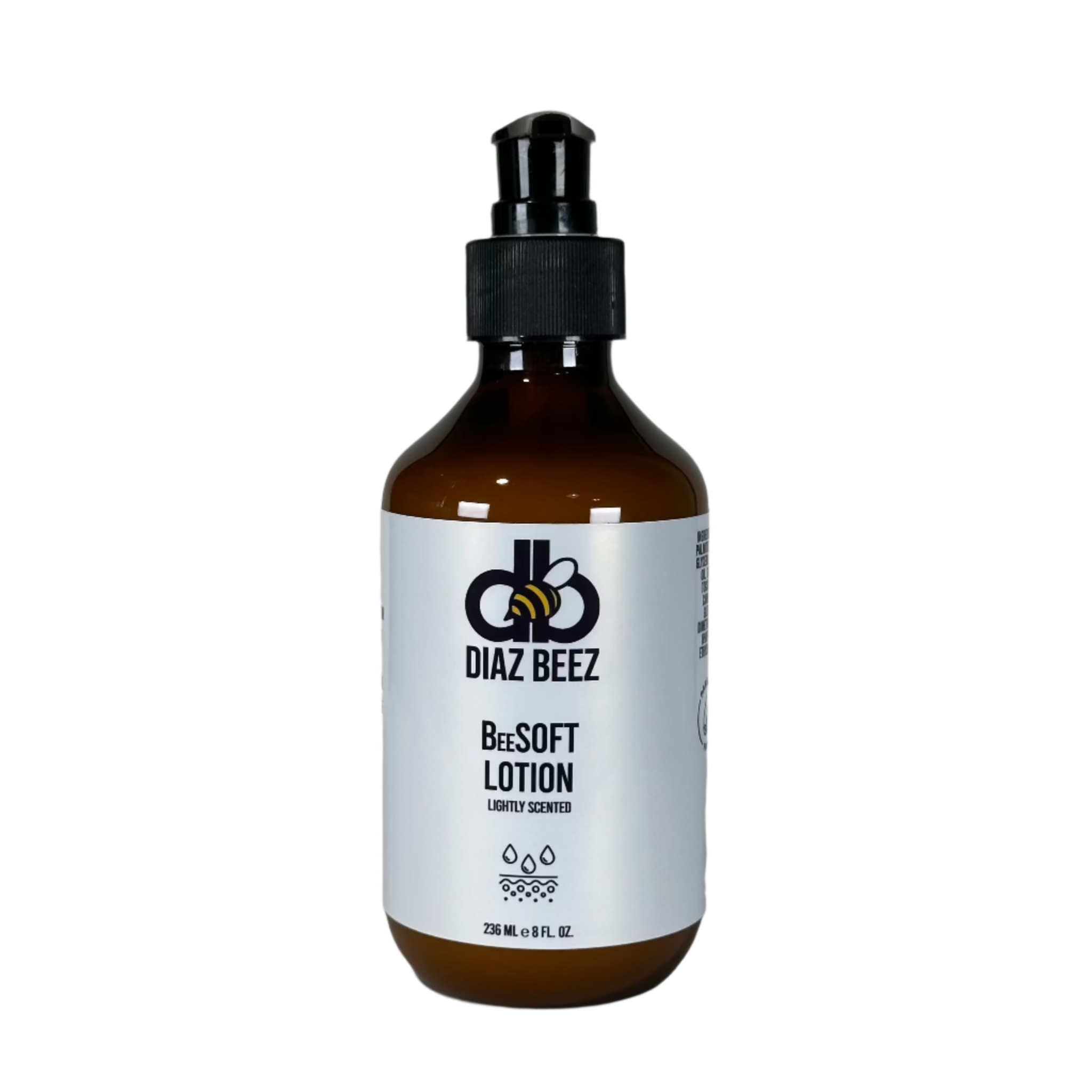 Diaz Beez BeeSOFT Body Lotion bottle, 236 ml, with pump, luxury scented moisturizing formula.