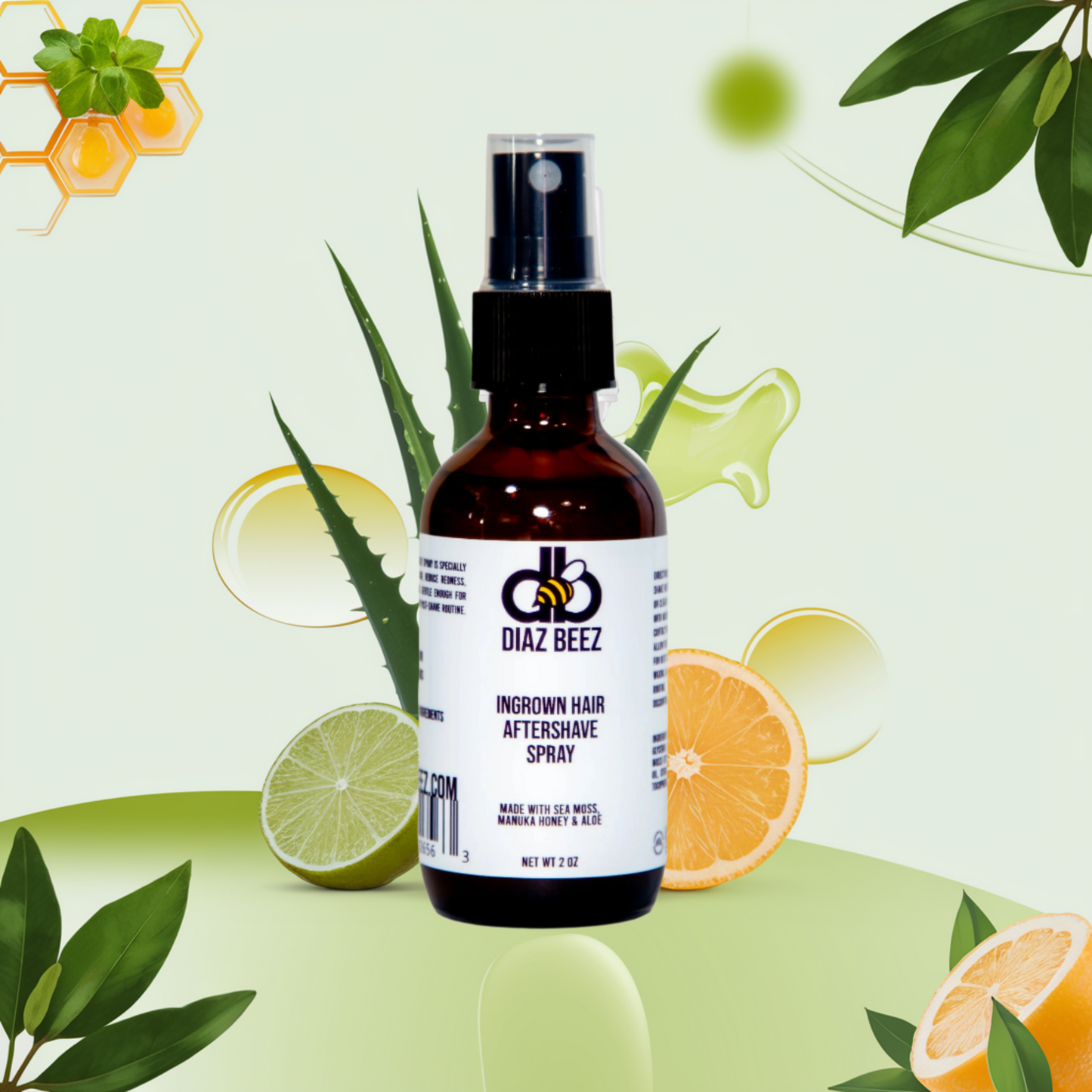 An Ingrown Hair Aftershave Spray by Diaz Beez, designed for sensitive skin using natural ingredients, is featured alongside aloe vera leaves, citrus slices, honeycomb motifs, and eucalyptus leaves with a backdrop of light green and circular gradients.