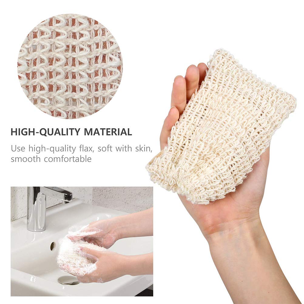 A person holding a white knitted exfoliating scrubber made from high-quality flax material. The inset image captures a close-up of the flax texture. Text reads "HIGH-QUALITY MATERIAL: Crafted with premium flax, gentle on skin, smooth and comfortable." Pair with Diaz Beez's Sisal Soap Bag for best results.