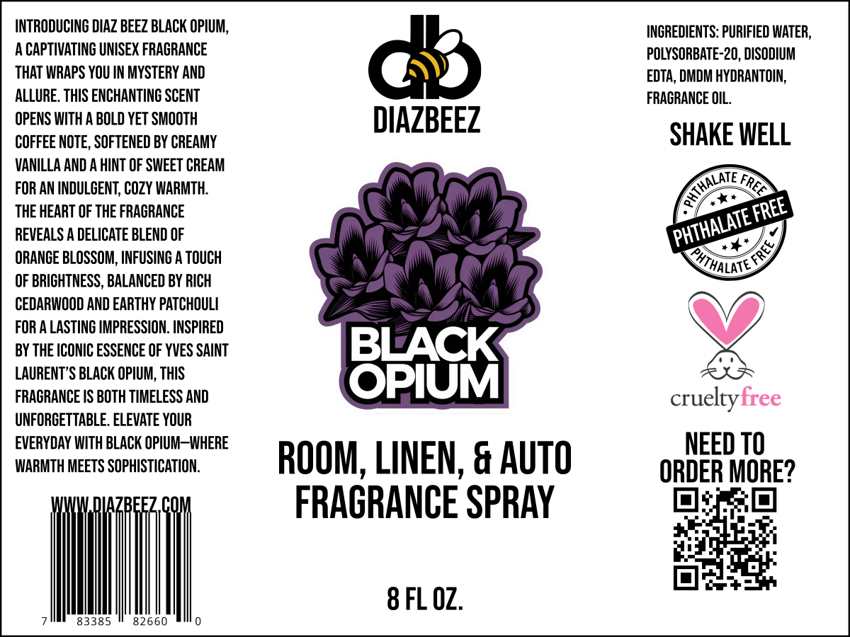 Label for Diaz Beez's Black Opium Room, Linen, & Auto Fragrance Spray showcasing a floral graphic, brand name, and an enticing scent description. Contains ingredients, usage instructions, and a QR code for additional details. Comes in an 8 fl oz bottle. Cruelty-free and phthalate-free product.