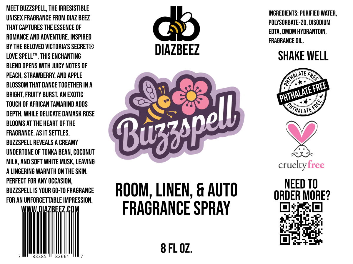 Label for the Buzzspell Room, Linen, & Auto Fragrance Spray with a charming design featuring a cute bee next to a flower above the word "Buzzspell" in playful font. It includes a bee icon with the brand name "Diaz Beez" and a pink heart labeled "cruelty-free," embracing both charm and inclusivity.