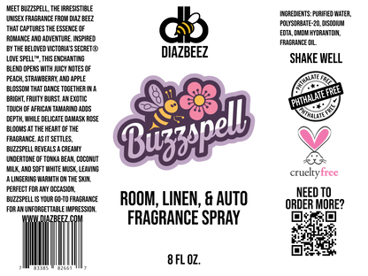 Label for the Buzzspell Room, Linen, & Auto Fragrance Spray with a charming design featuring a cute bee next to a flower above the word "Buzzspell" in playful font. It includes a bee icon with the brand name "Diaz Beez" and a pink heart labeled "cruelty-free," embracing both charm and inclusivity.
