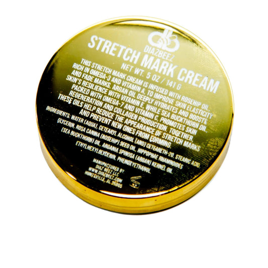 Stretch Mark Cream container with gold lid, 5oz, featuring natural ingredients like Rosehip, Argan, and Sea Buckthorn Oil for skin nourishment and elasticity enhancement.