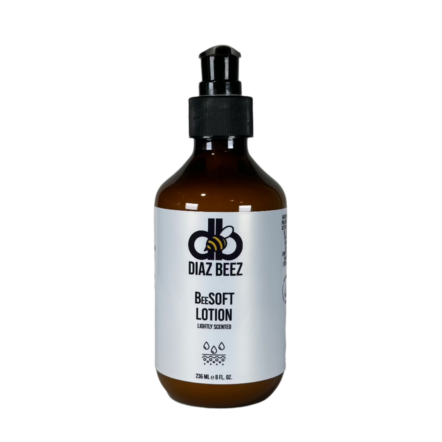 Diaz Beez BeeSOFT Body Lotion bottle, 236 ml, with pump, luxury scented moisturizing formula.