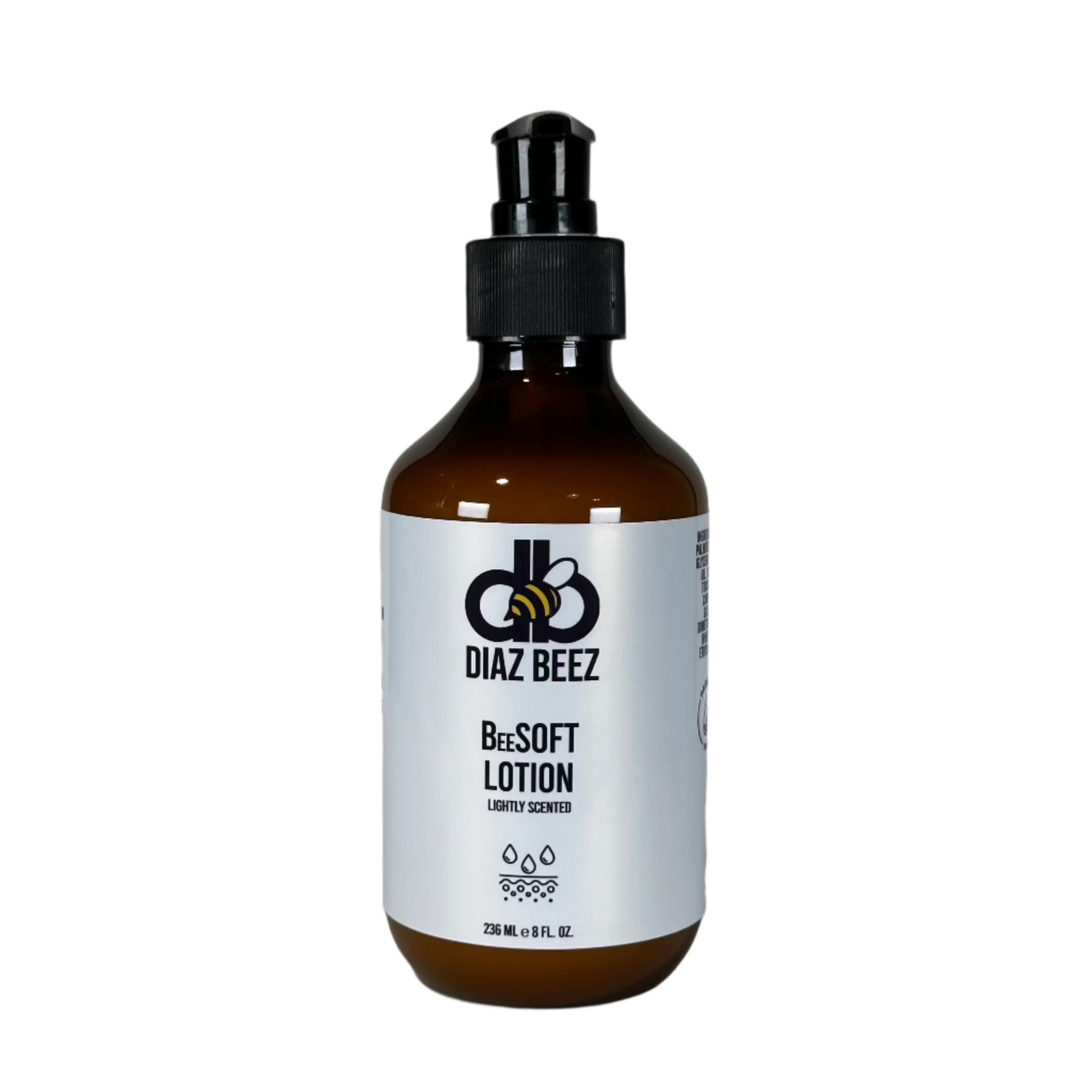 Diaz Beez BeeSOFT Body Lotion bottle, 236 ml, with pump, luxury scented moisturizing formula.