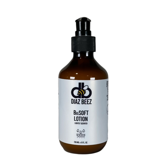 Diaz Beez BeeSOFT Body Lotion bottle, 236 ml, with pump, luxury scented moisturizing formula.
