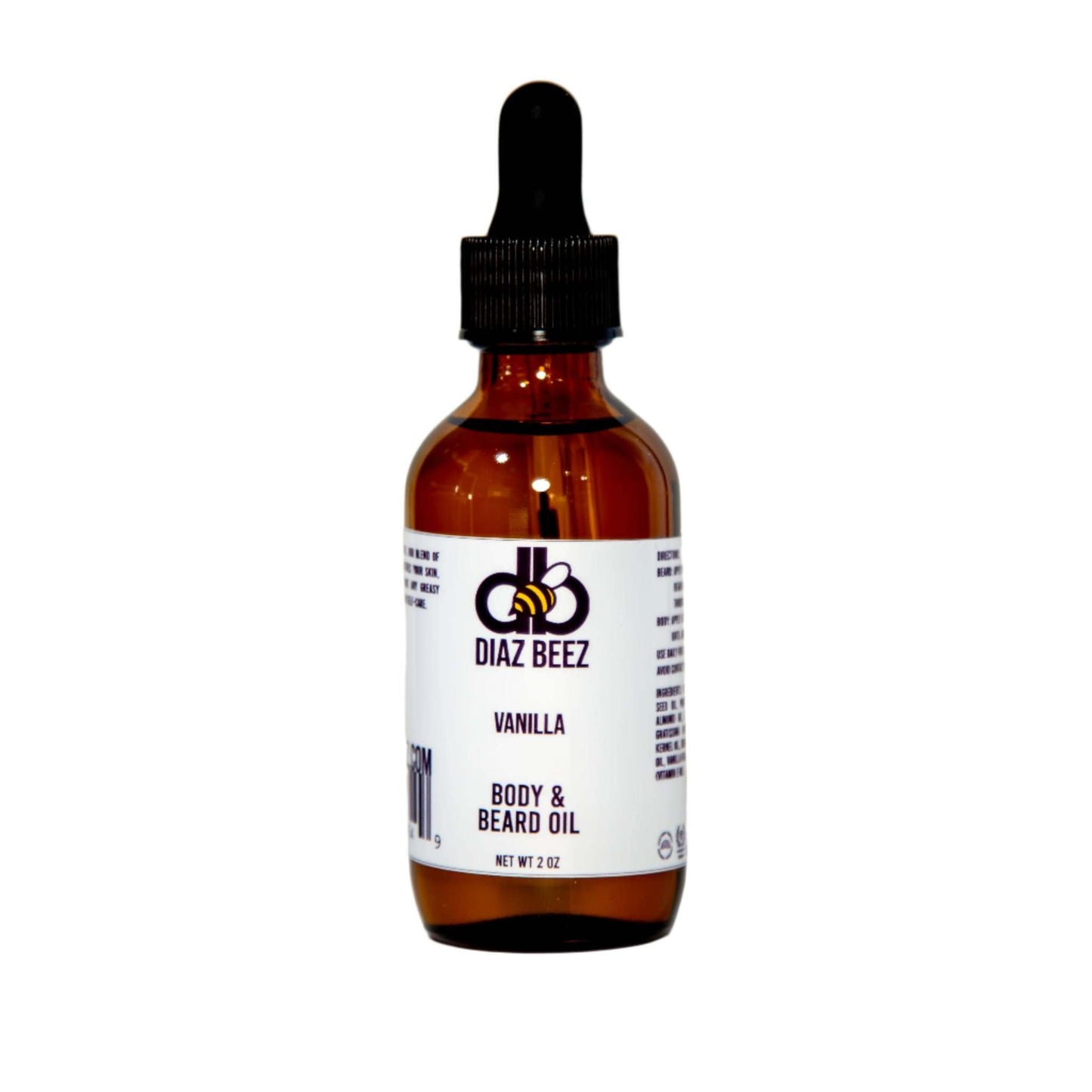 A 2 oz brown glass bottle with a dropper cap is labeled "Beard Taming Oil - Vanilla" by Diaz Beez. The label showcases a bee logo and black and purple text on a white background, emphasizing the infusion of natural fixed oils in this luxurious vanilla beard oil.