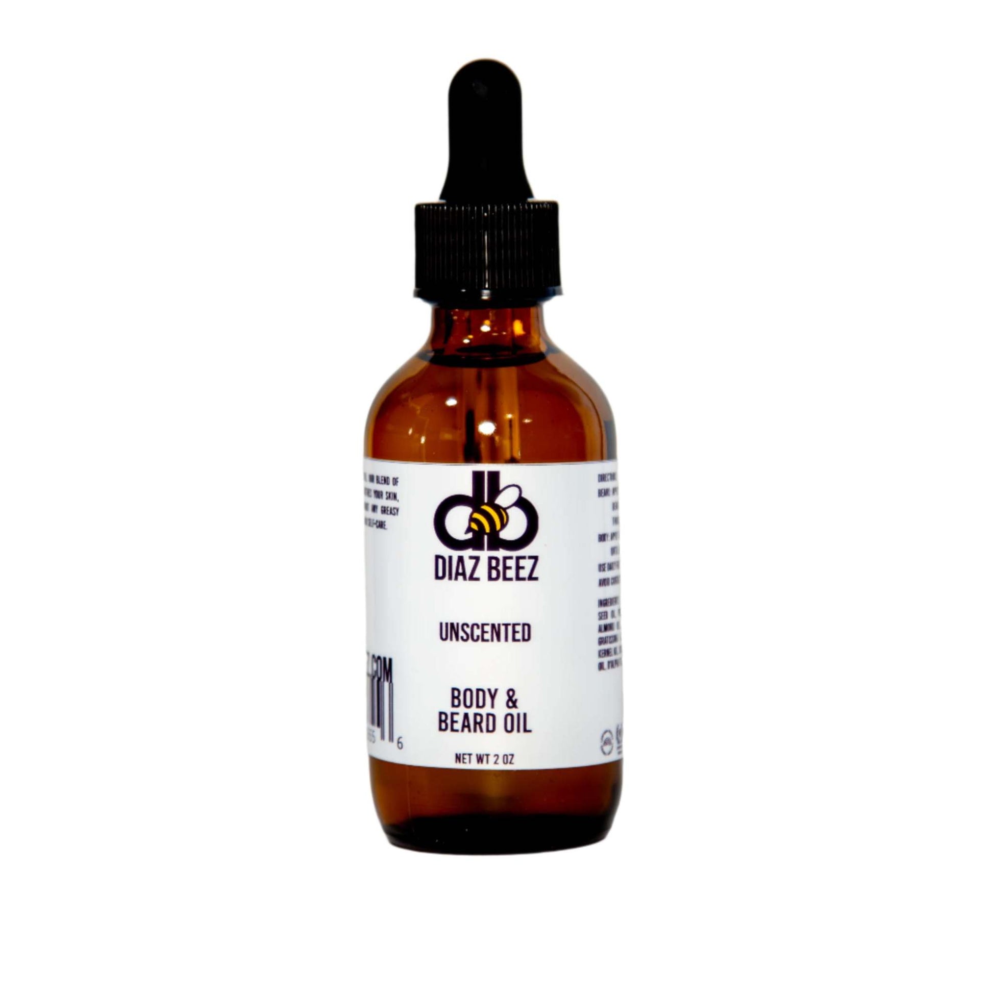 A small brown glass bottle with a black dropper cap labeled "Diaz Beez Beard Taming Oil - Unscented, Net Wt 2 oz." The white label displays black text and a bee logo, emphasizing its natural ingredients for promoting healthy beard growth.