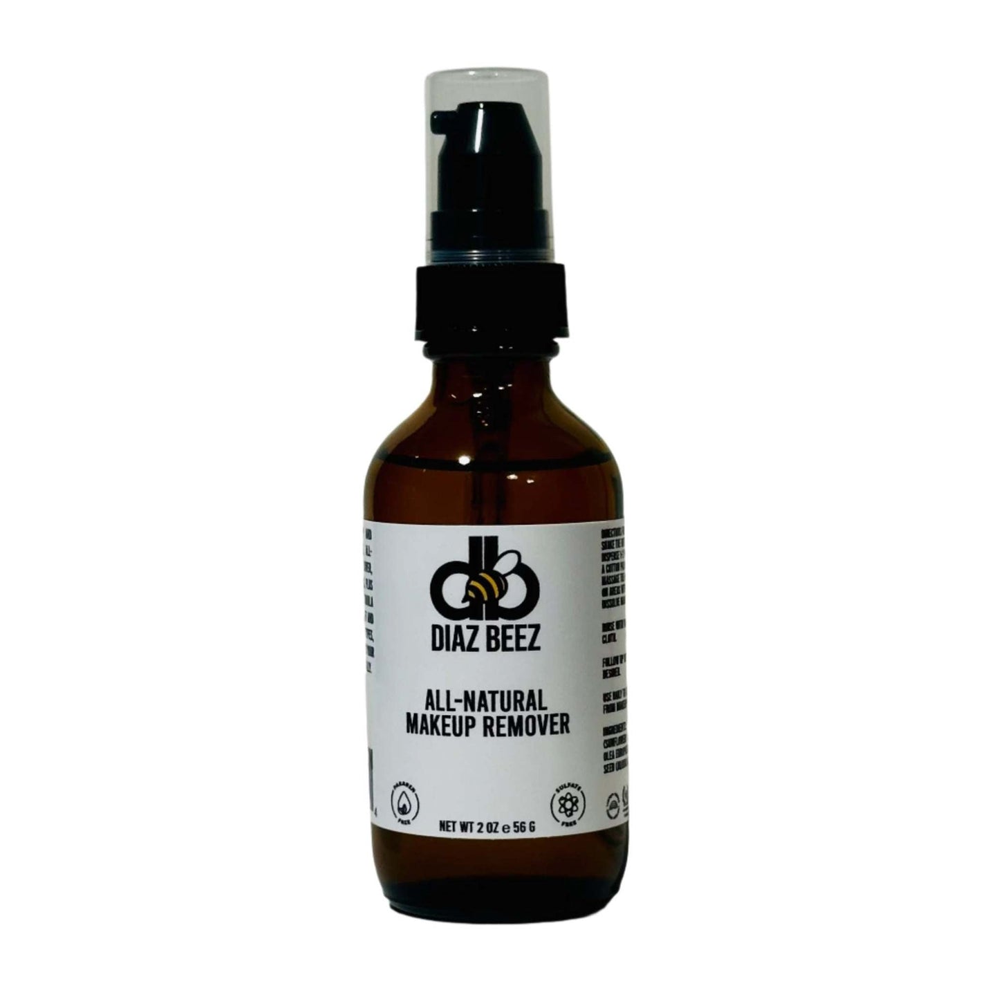 Diaz Beez All-Natural Makeup Remover in 2 oz amber glass bottle with pump dispenser.