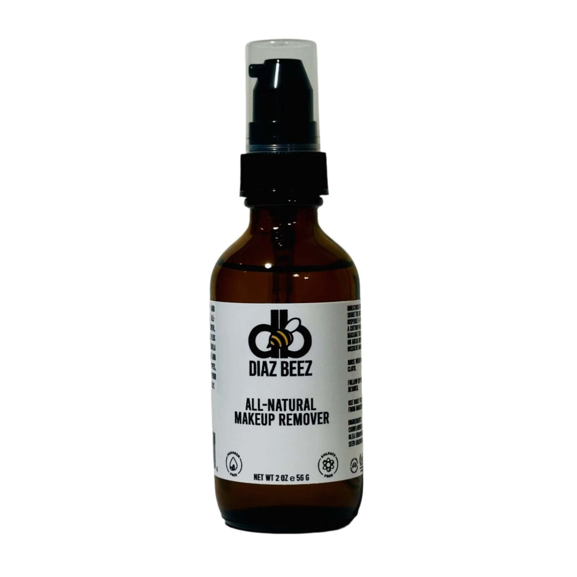 Diaz Beez All-Natural Makeup Remover in 2 oz amber glass bottle with pump dispenser.
