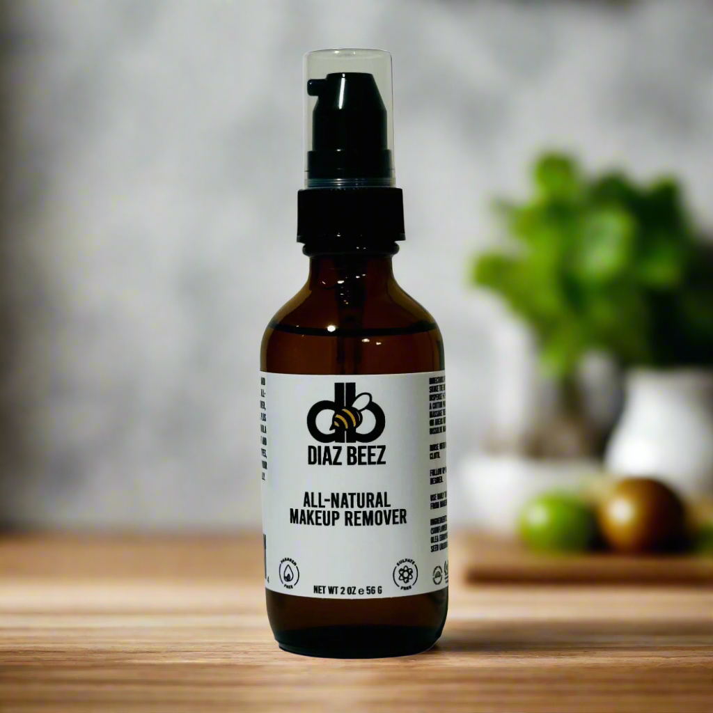 Amber glass bottle of Diaz Beez All-Natural Makeup Remover with pump dispenser.