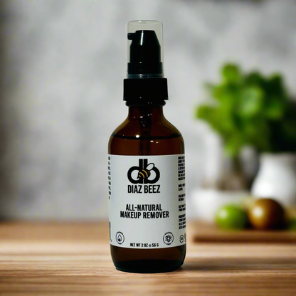 Amber glass bottle of Diaz Beez All-Natural Makeup Remover with pump dispenser.