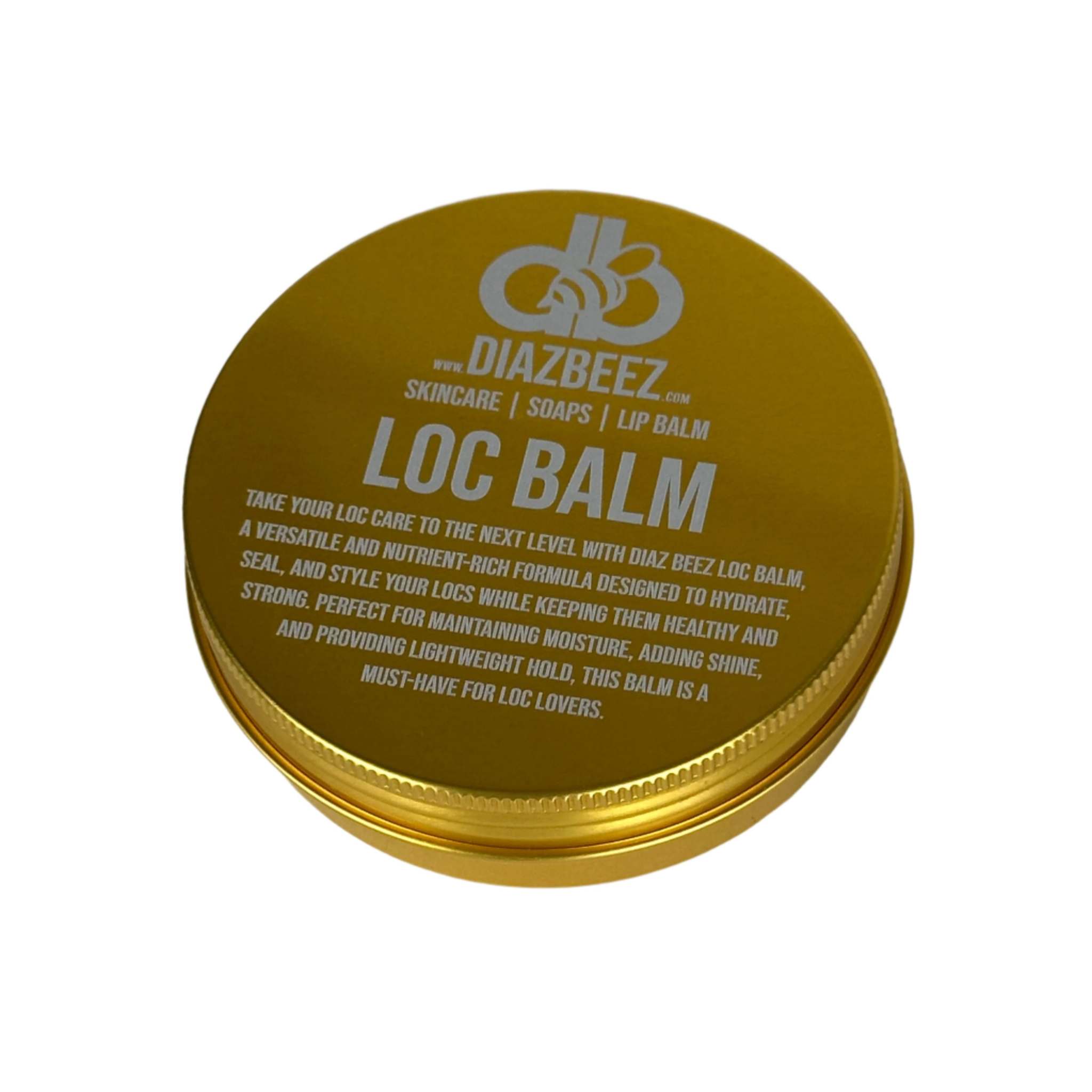 Diaz Beez Loc Balm tin container for hair conditioning, styling, and protection with natural oils and invigorating scent.