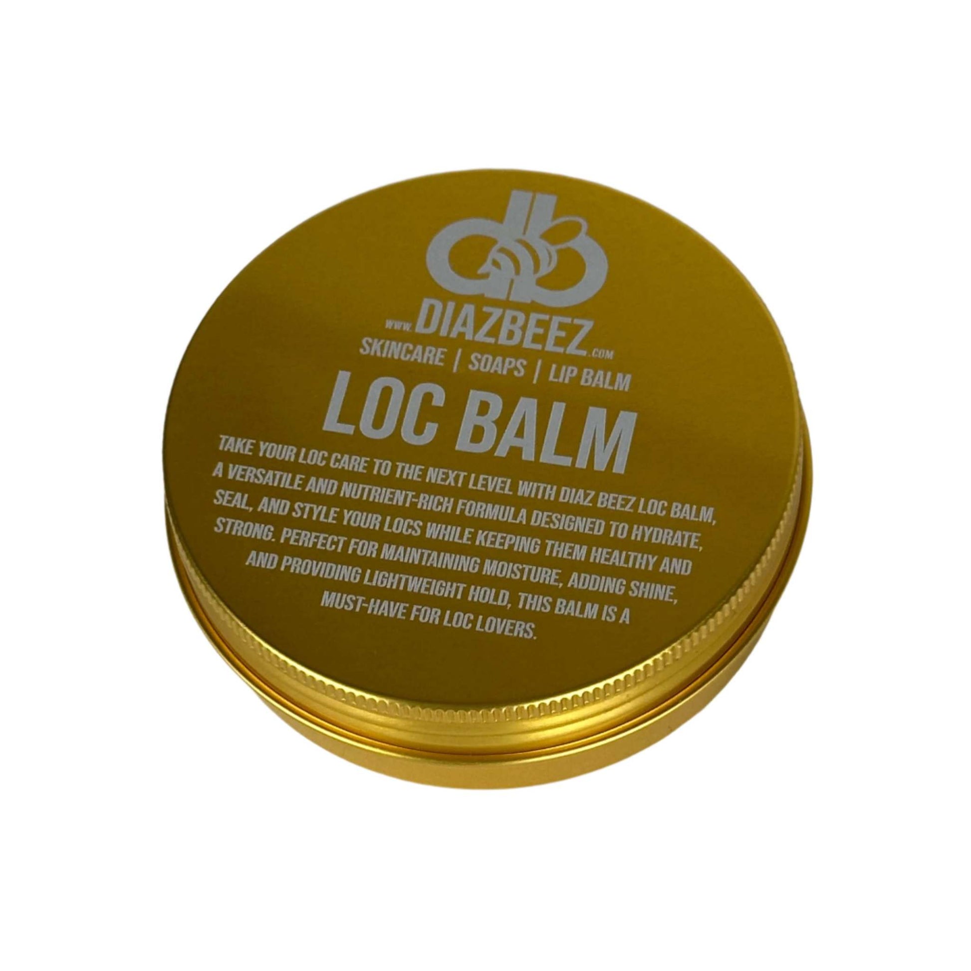 Diaz Beez Loc Balm tin container for hair conditioning, styling, and protection with natural oils and invigorating scent.