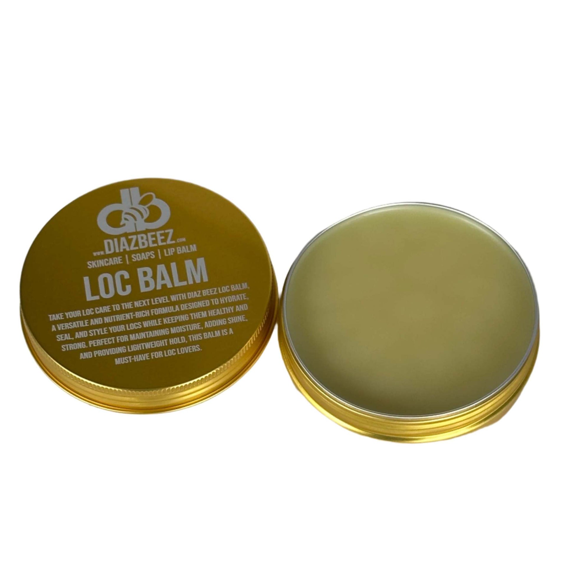 Diaz Beez Loc Balm in a gold tin, open showing creamy formula for hydrating, styling, and protecting locs.