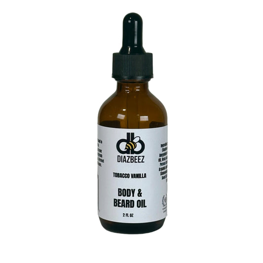 Diaz Beez Beard & Body Oil - Tobacco Vanilla in 2oz amber glass bottle with dropper.