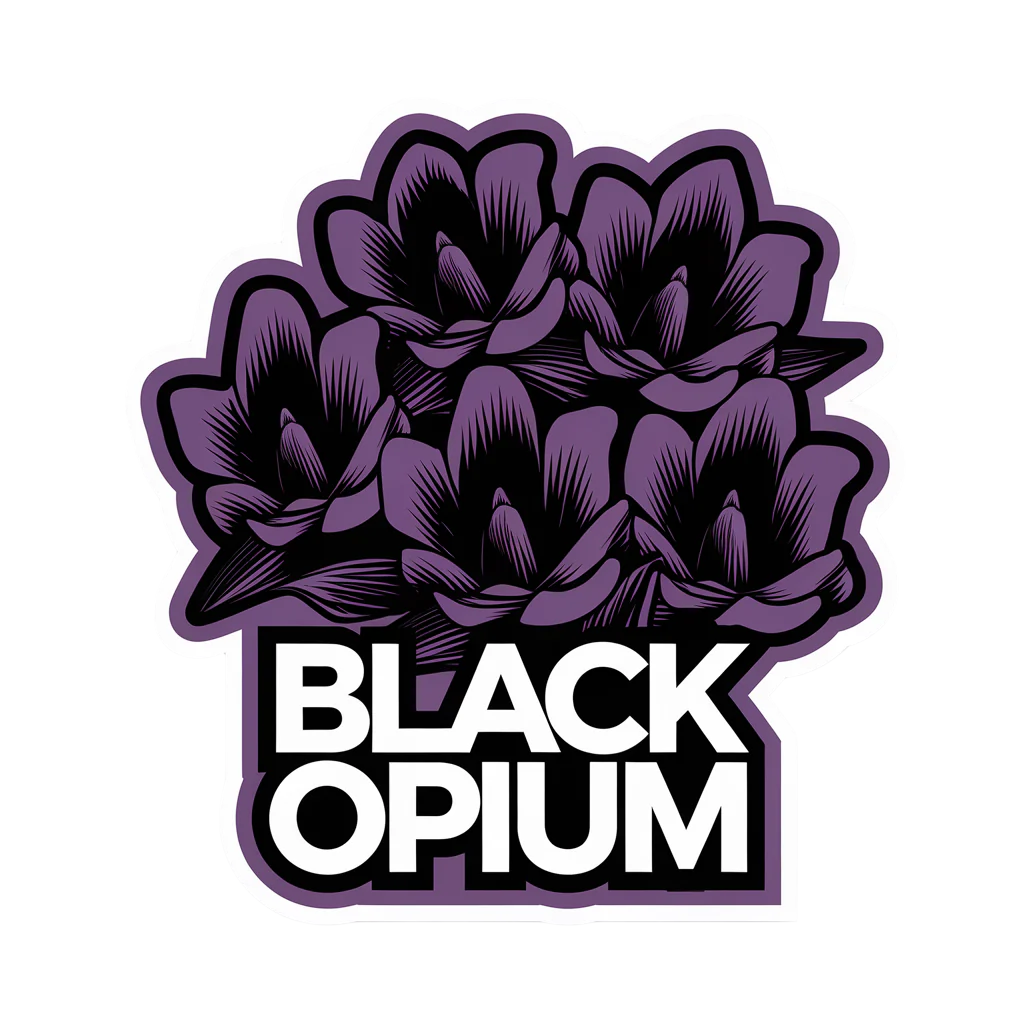 A graphic of three stylized purple and black flowers appears above bold white text that reads "Black Opium Room, Linen, & Auto Fragrance Spray" on a purple outline. Designed by Diaz Beez, the flowers and text combine to create a striking, artistic representation that captures the essence of this captivating unisex fragrance.