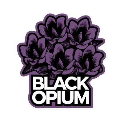 A graphic of three stylized purple and black flowers appears above bold white text that reads "Black Opium Room, Linen, & Auto Fragrance Spray" on a purple outline. Designed by Diaz Beez, the flowers and text combine to create a striking, artistic representation that captures the essence of this captivating unisex fragrance.