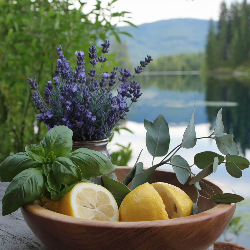 A wooden bowl containing lemon halves, basil leaves, and eucalyptus branches is placed on a table. Behind the bowl, a small bouquet of lavender in a mason jar and a scenic lake surrounded by trees and mountains in the background offer stress relief reminiscent of Diaz Beez's De-Stress Ashwagandha Body Wash.