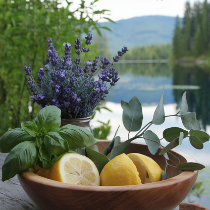 A wooden bowl containing lemon halves, basil leaves, and eucalyptus branches is placed on a table. Behind the bowl, a small bouquet of lavender in a mason jar and a scenic lake surrounded by trees and mountains in the background offer stress relief reminiscent of Diaz Beez's De-Stress Ashwagandha Body Wash.