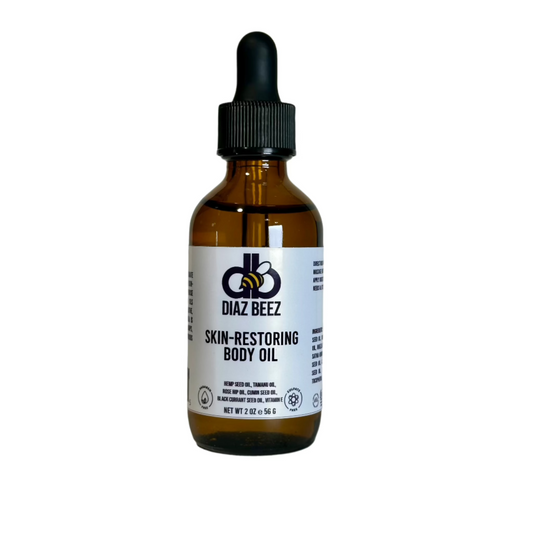 Diaz Beez Skin-Restoring Body Oil bottle with dropper, 2oz size.