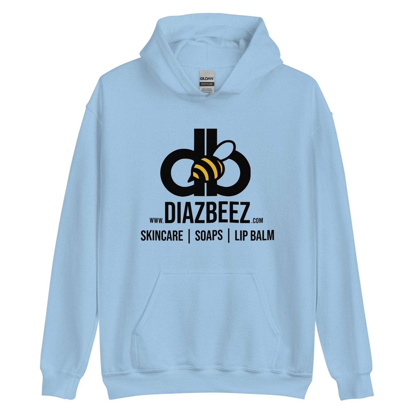 This cozy and stylish Unisex Hoodie by Diaz Beez features a light blue beehive-inspired bee design alongside the logo, with text that reads "www.diazbeez.com, Skincare | Soaps | Lip Balm.