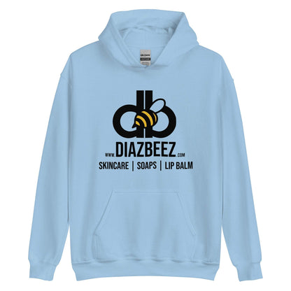 This cozy and stylish Unisex Hoodie by Diaz Beez features a light blue beehive-inspired bee design alongside the logo, with text that reads "www.diazbeez.com, Skincare | Soaps | Lip Balm.